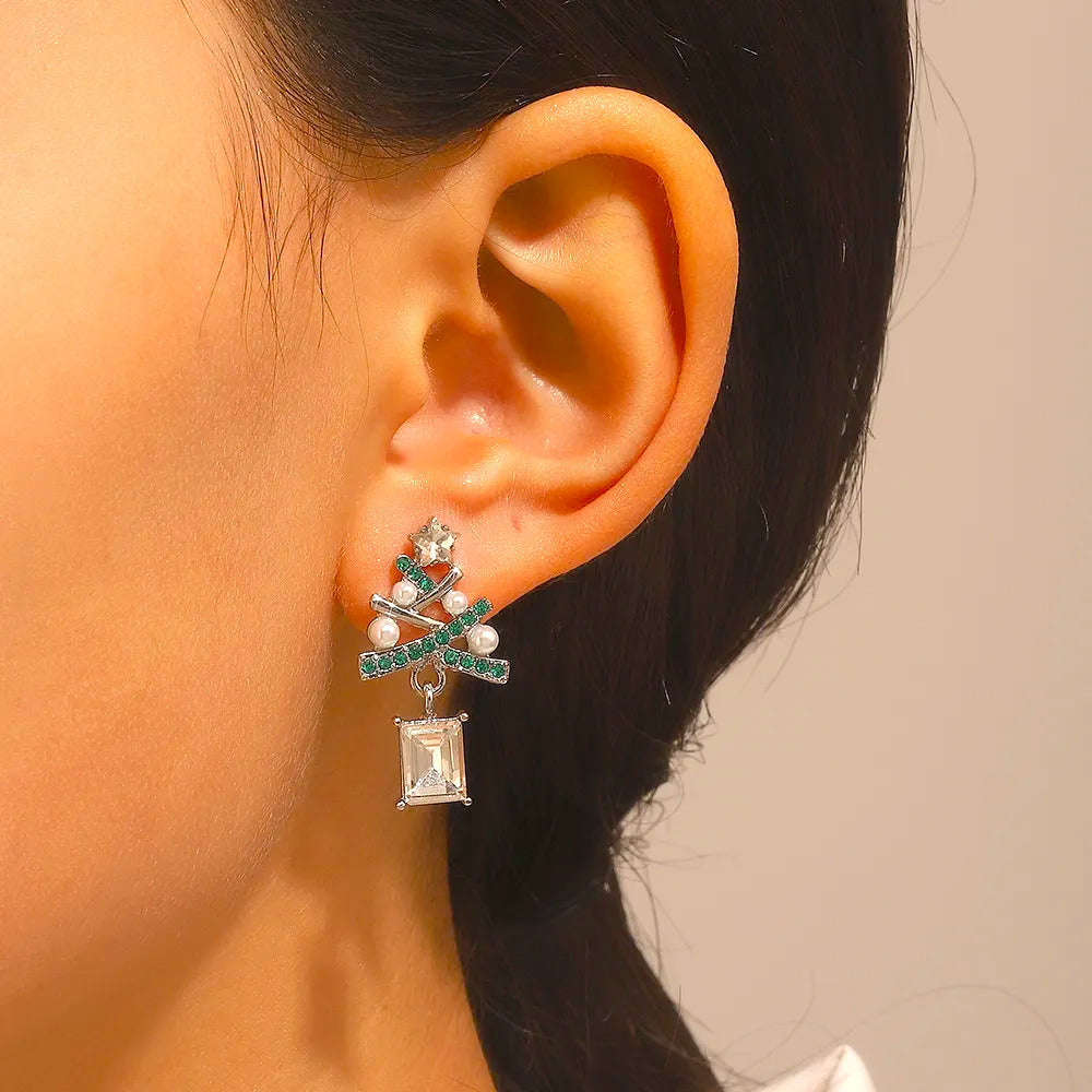 Christmas Tree Ear Studs Cute Gold & Silver Alloy Earrings - Blue image