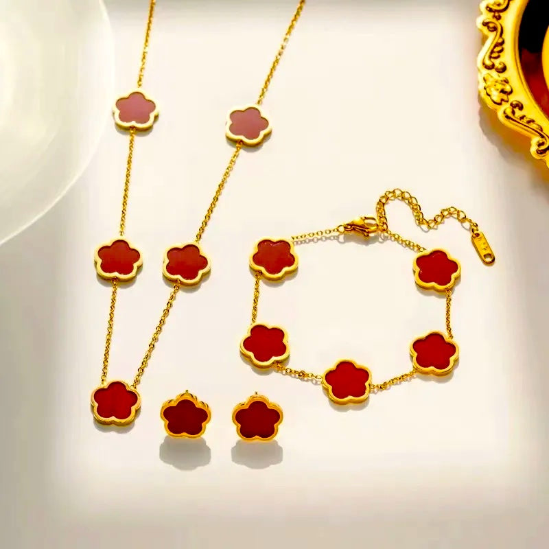 Red Long Clover Set - 18K Gold Plated image 0