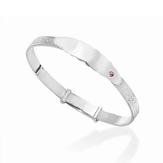 Sterling Silver Kids ID Bangle with Pink CZ – Baby Bracelet | Baby Jewellery Gift