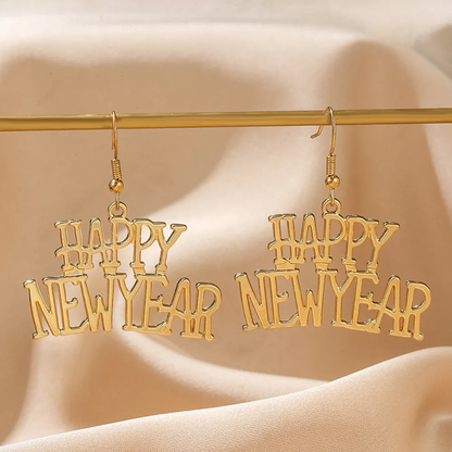 New Year Letter Gold &amp; Silver Plating Drop Earrings - Gold image