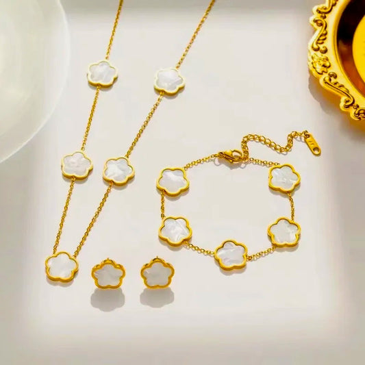 White Long Clover Set - 18K Gold Plated image 0