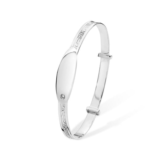 Sterling Silver Kids ID Bangle with Clear CZ – Baby Bracelet | Baby Jewellery Gift