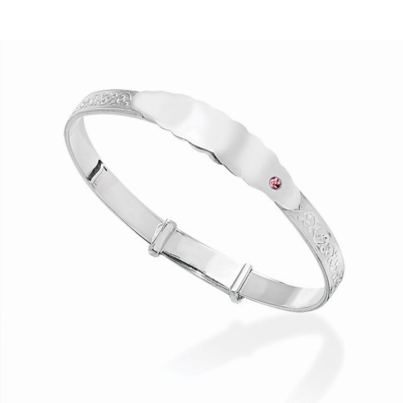 Sterling Silver Kids ID Bangle with Pink CZ – Baby Bracelet | Baby Jewellery Gift