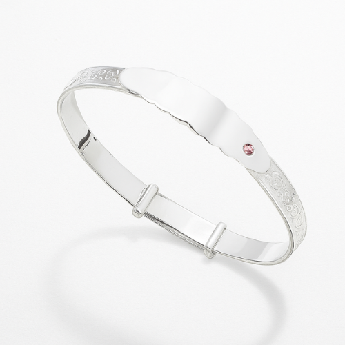 Sterling Silver Kids ID Bangle with Pink CZ – Baby Bracelet | Baby Jewellery Gift
