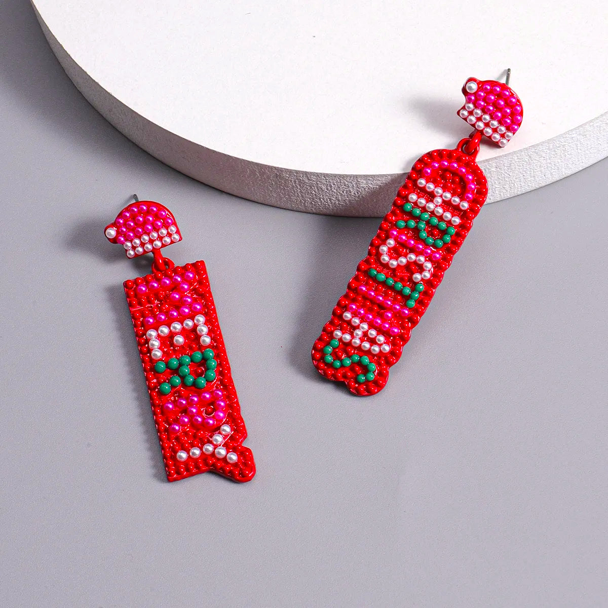 Christmas Pearl Inlay Gold Plated Drop Earrings - Red image