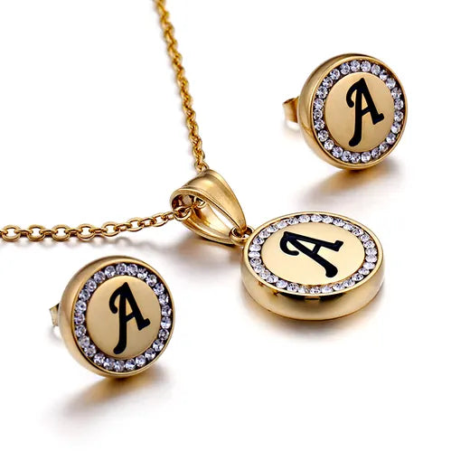 Letter Jewellery Set 18K Gold Plated Earrings Necklace - A image